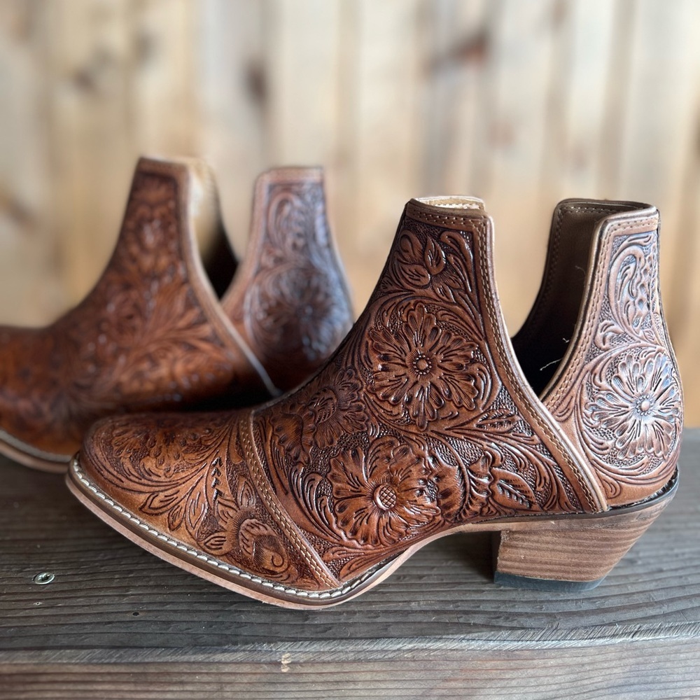 Myra Bag Brown Ankle Boots with Floral Design - Picture 3 of 10